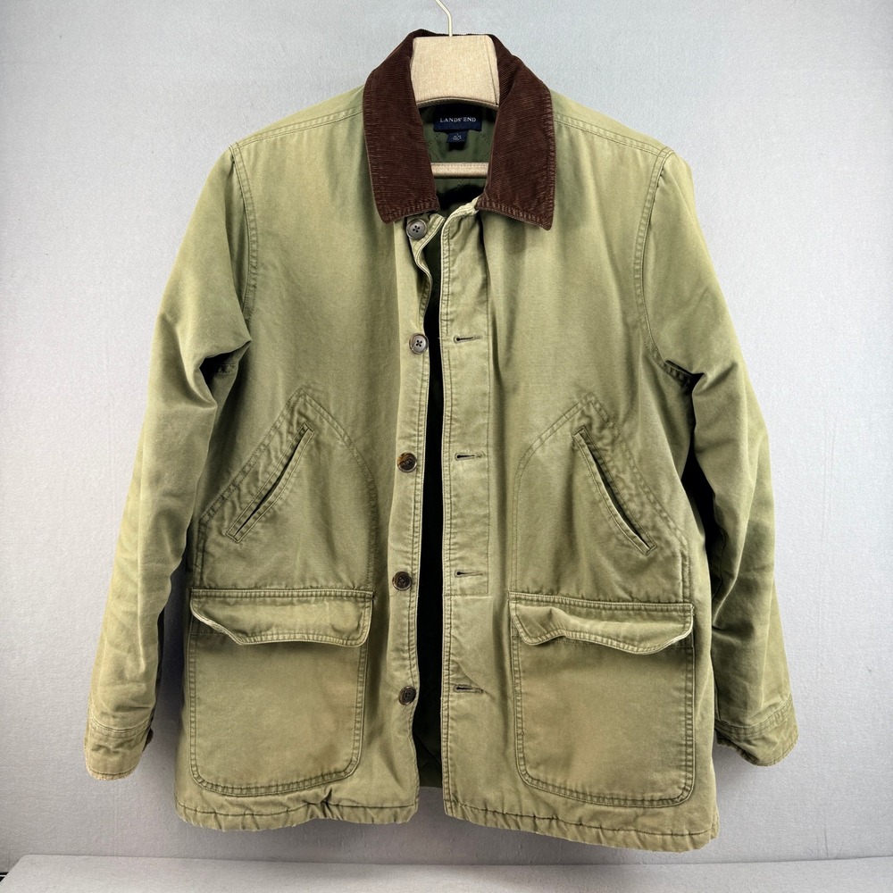 Vintage Lands End Barn Coat Olive Green Corduroy Collar Field Jacket Men's Large